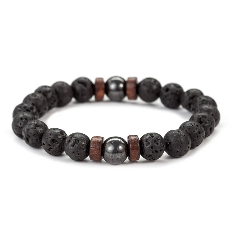 8mm Volcanic Stone Bracelet for Men Lava Wooden Beads Bracelet Tibetan Buddha Male Wrist Chain Jewelry Handmade Elastic Bracelet